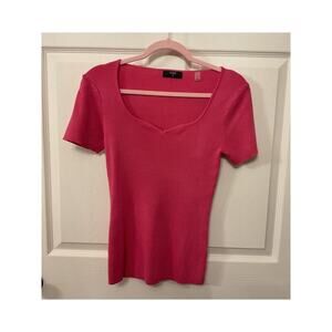Tahari Pink Valentina Ribbed Knit Short Sleeve Sweater, S
